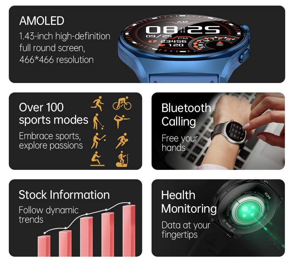 KUMI GW6 Smartwatch, 1.43-inch AMOLED HD Screen, Al Voice Function, Sleep Heart Rate Monitoring, Bluetooth Calling - Black