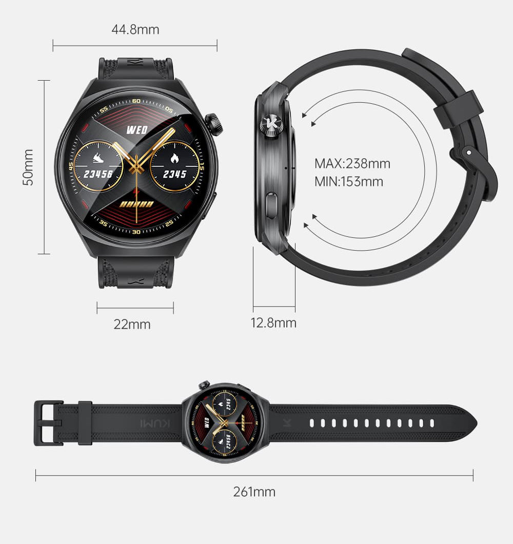 KUMI GW6 Smartwatch, 1.43-inch AMOLED HD Screen, Al Voice Function, Sleep Heart Rate Monitoring, Bluetooth Calling - Black