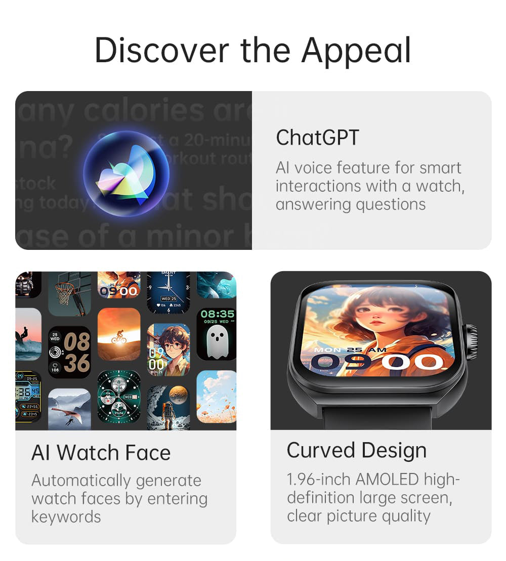 KUMI KU7 Smartwatch, 1.96'' AMOLED Screen, Bluetooth Calling, Health Monitoring, Stock Market Information, 100 Sports Modes - Black