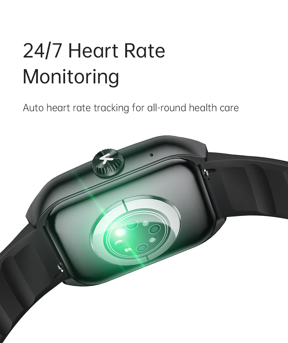 KUMI KU7 Smartwatch, 1.96'' AMOLED Screen, Bluetooth Calling, Health Monitoring, Stock Market Information, 100 Sports Modes - Black