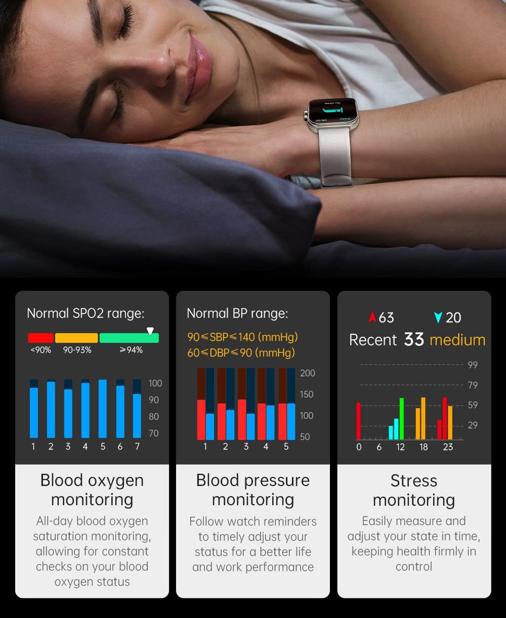 KUMI KU7 Smartwatch, 1.96'' AMOLED Screen, Bluetooth Calling, Health Monitoring, Stock Market Information, 100 Sports Modes - Black