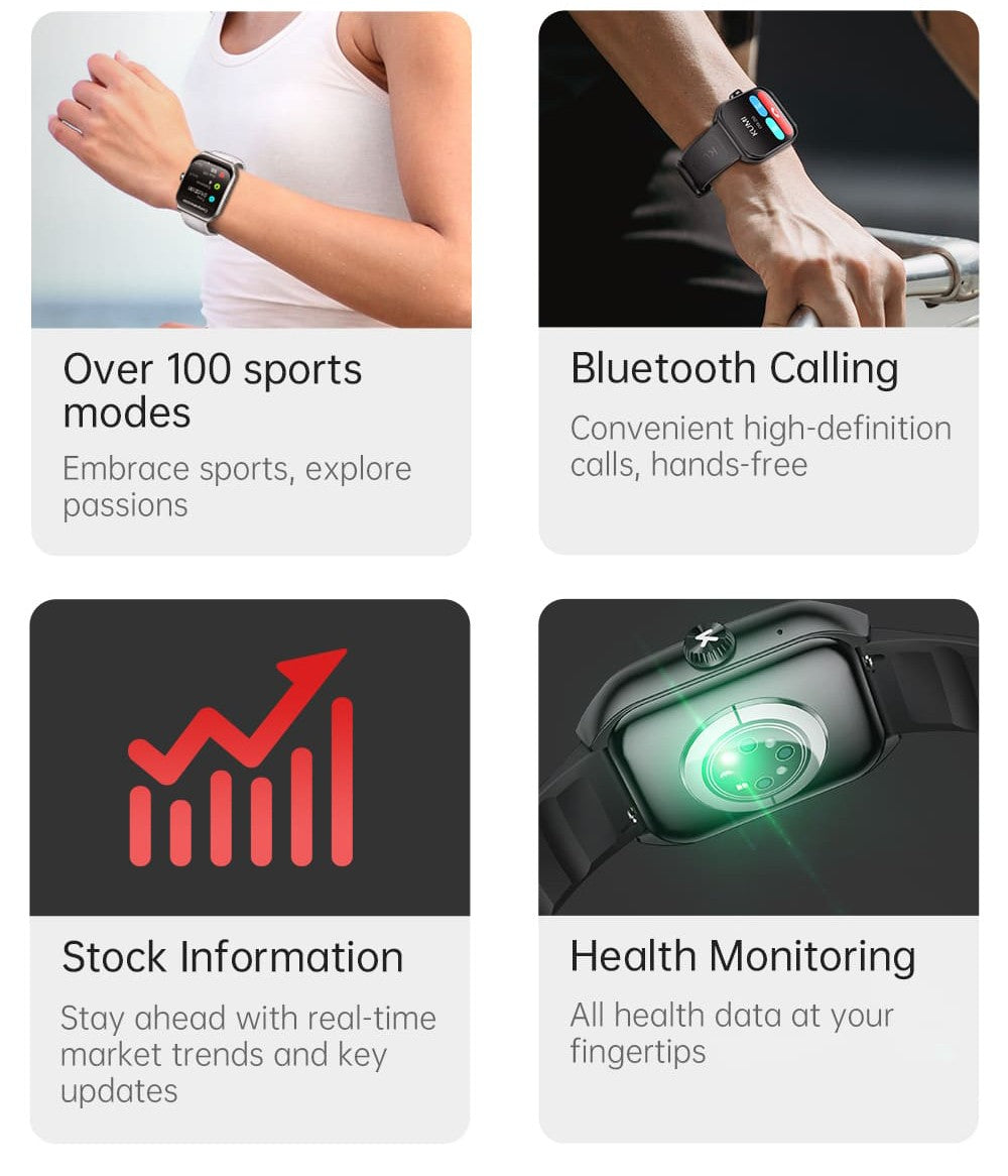 KUMI KU7 Smartwatch, 1.96'' AMOLED Screen, Bluetooth Calling, Health Monitoring, Stock Market Information, 100 Sports Modes - Black
