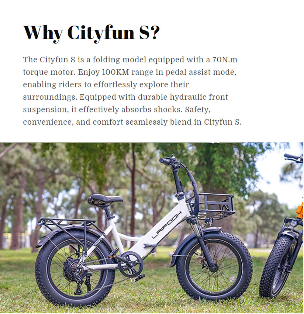 Bicicleta eléctrica LAIFOOK Cityfun S, motor sin escobillas de 250 W, batería de 48 V y 10,4 Ah, neumáticos gruesos de 20 x 4,0 pulgadas, velocidad máxima de 25 km/h, autonomía de 70 km, freno de disco mecánico, Shimano de 7 velocidades, pantalla LCD - Negro