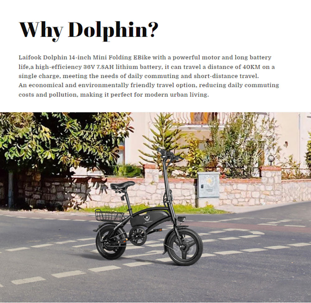 LAIFOOK Dolphin Folding Electric Bike, 250W Motor, 36V 7.8AH Battery, 14-inch Tire, 25km/h Max Speed, 40km Range, Disc Brakes, LCD Display - White