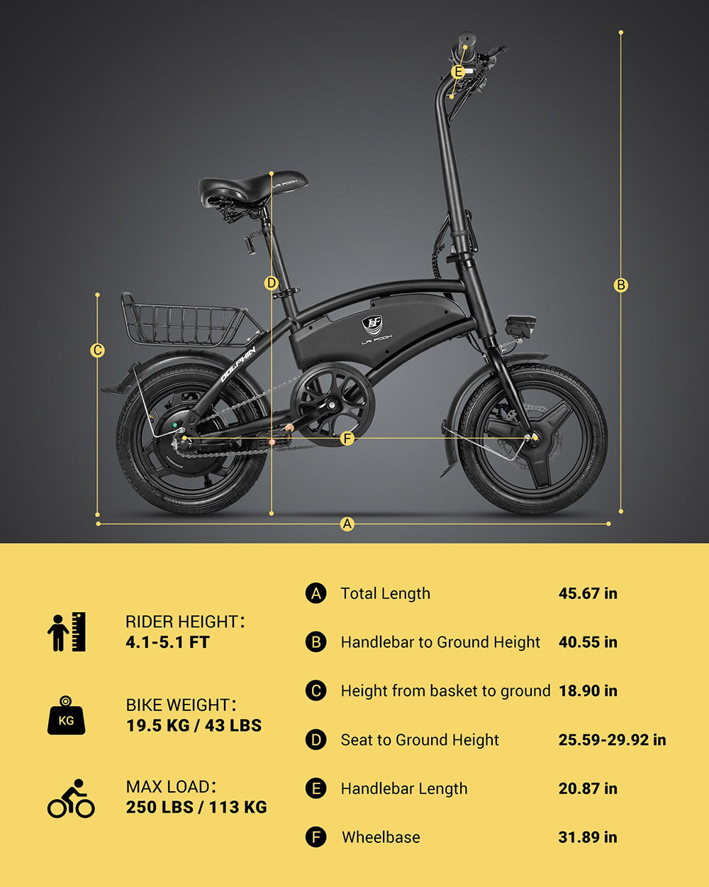 LAIFOOK Dolphin Folding Electric Bike, 250W Motor, 36V 7.8AH Battery, 14-inch Tire, 25km/h Max Speed, 40km Range, Disc Brakes, LCD Display - White