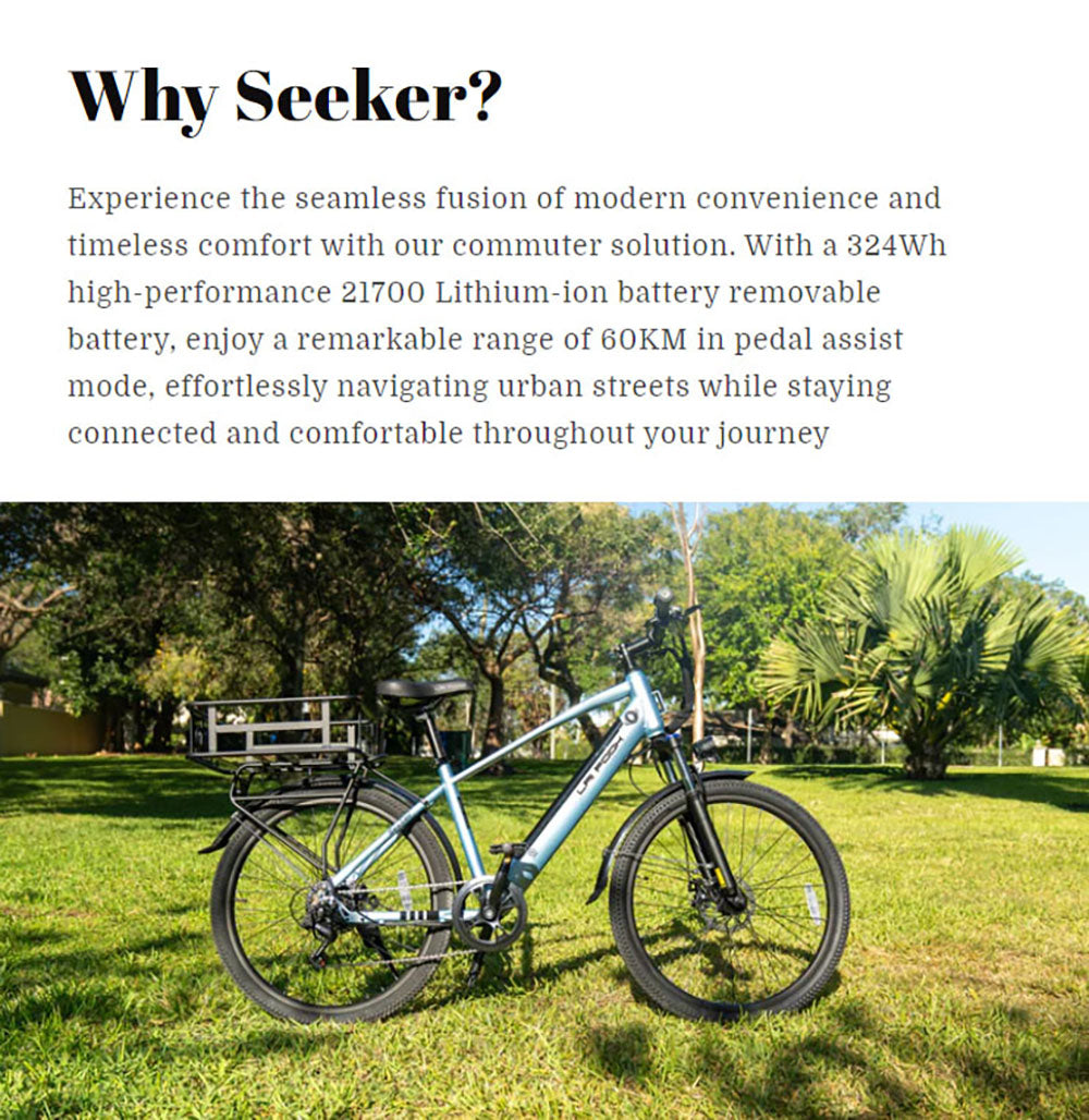 LAIFOOK Seeker Electric Bike, 250W Motor, 36V 9Ah Battery, 26'' Tires, 25km/h Max Speed, 60km Range, Front Fork Suspension, Disc Brakes, SHIMANO 7 Speed, LCD Display - Black