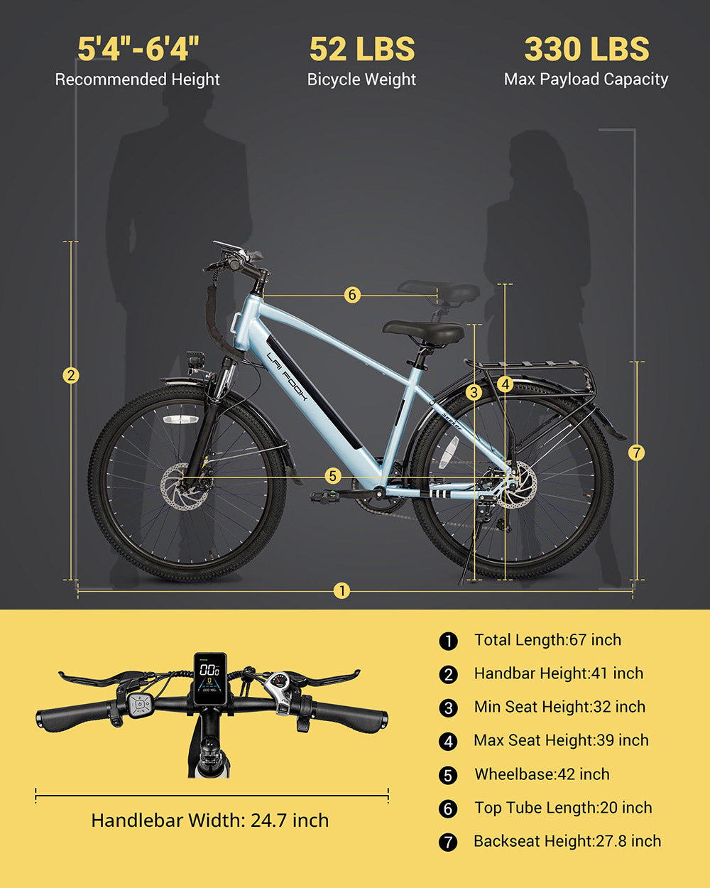 LAIFOOK Seeker Electric Bike, 250W Motor, 36V 9Ah Battery, 26'' Tires, 25km/h Max Speed, 60km Range, Front Fork Suspension, Disc Brakes, SHIMANO 7 Speed, LCD Display - Black
