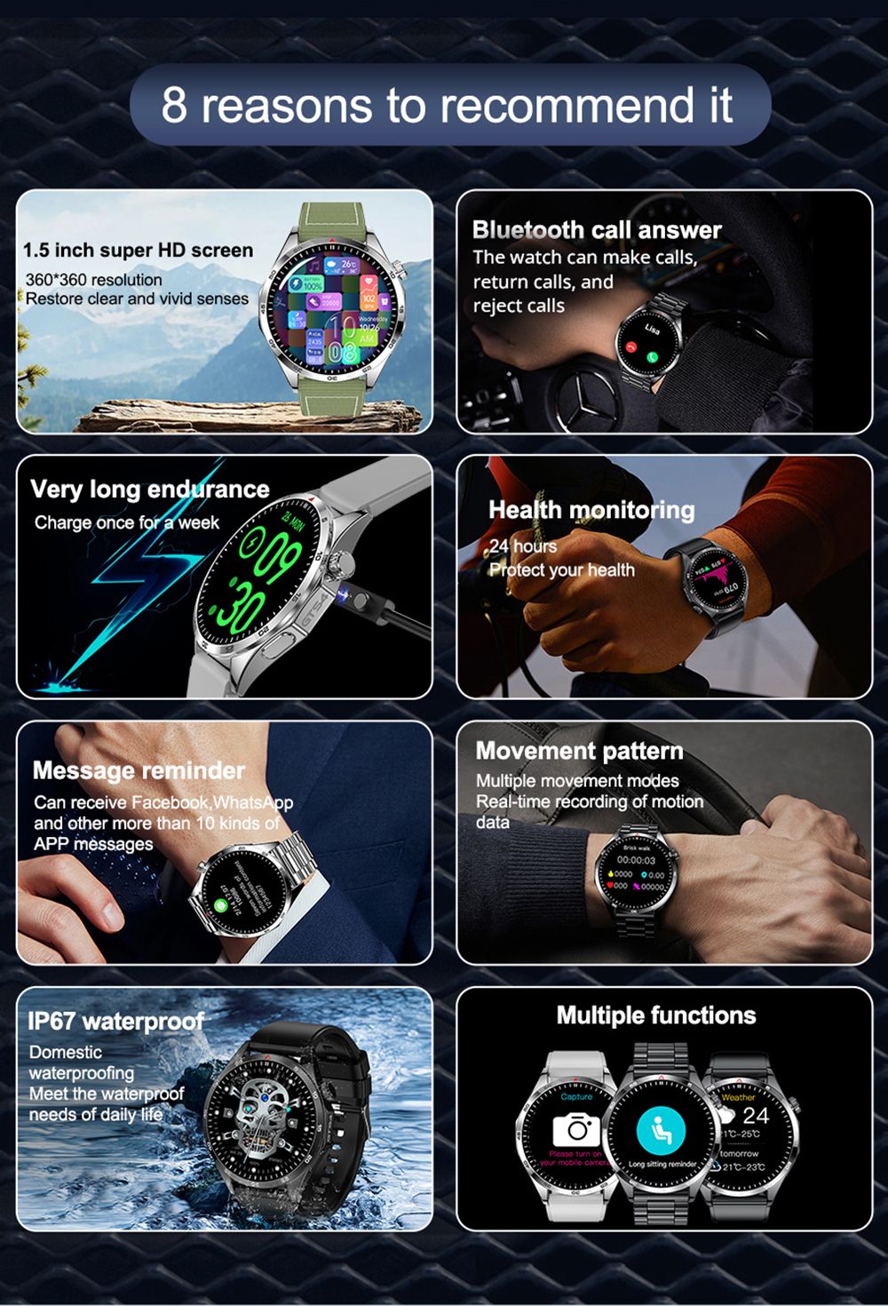 LEMFO GTS4 Smartwatch, 1.5-inch Screen, Bluetooth Calling, Message Reminder, Health Monitoring, IP67 Waterproof - Black, Silicone Watchband