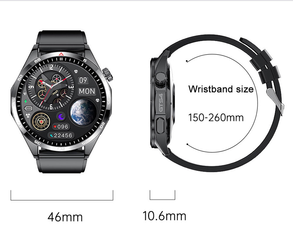 LEMFO GTS4 Smartwatch, 1.5-inch Screen, Bluetooth Calling, Message Reminder, Health Monitoring, IP67 Waterproof - Black, Silicone Watchband