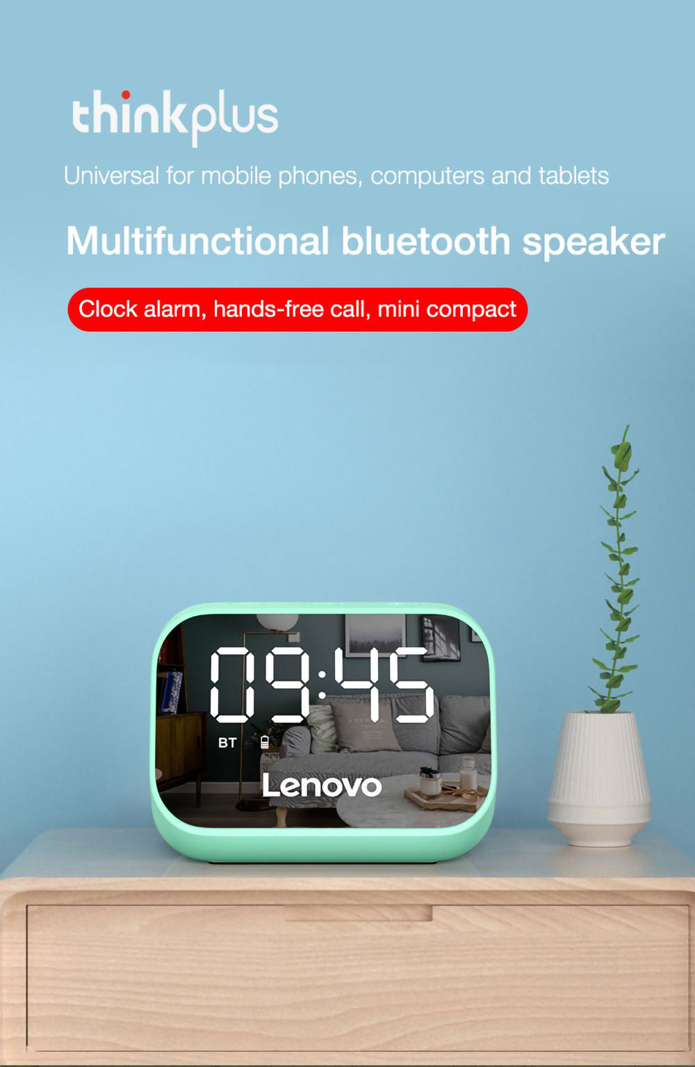 Lenovo TS13 Altavoz de Escritorio con Alarma, Reloj Despertador, Altavoz Estéreo Inalámbrico Bluetooth, Batería de 1500 mAh, Pantalla Digital con Espejo - Blanco