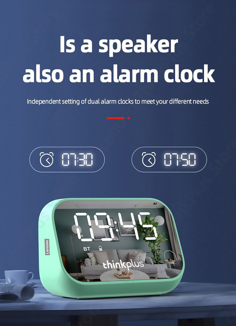 Lenovo TS13 Altavoz de Escritorio con Alarma, Reloj Despertador, Altavoz Estéreo Inalámbrico Bluetooth, Batería de 1500 mAh, Pantalla Digital con Espejo - Blanco