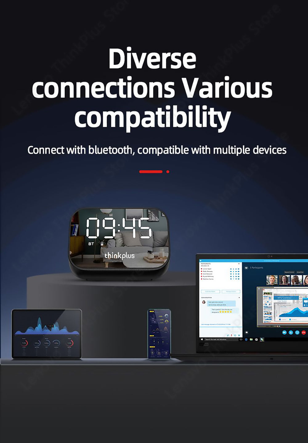 Lenovo TS13 Altavoz de Escritorio con Alarma, Reloj Despertador, Altavoz Estéreo Inalámbrico Bluetooth, Batería de 1500 mAh, Pantalla Digital con Espejo - Blanco