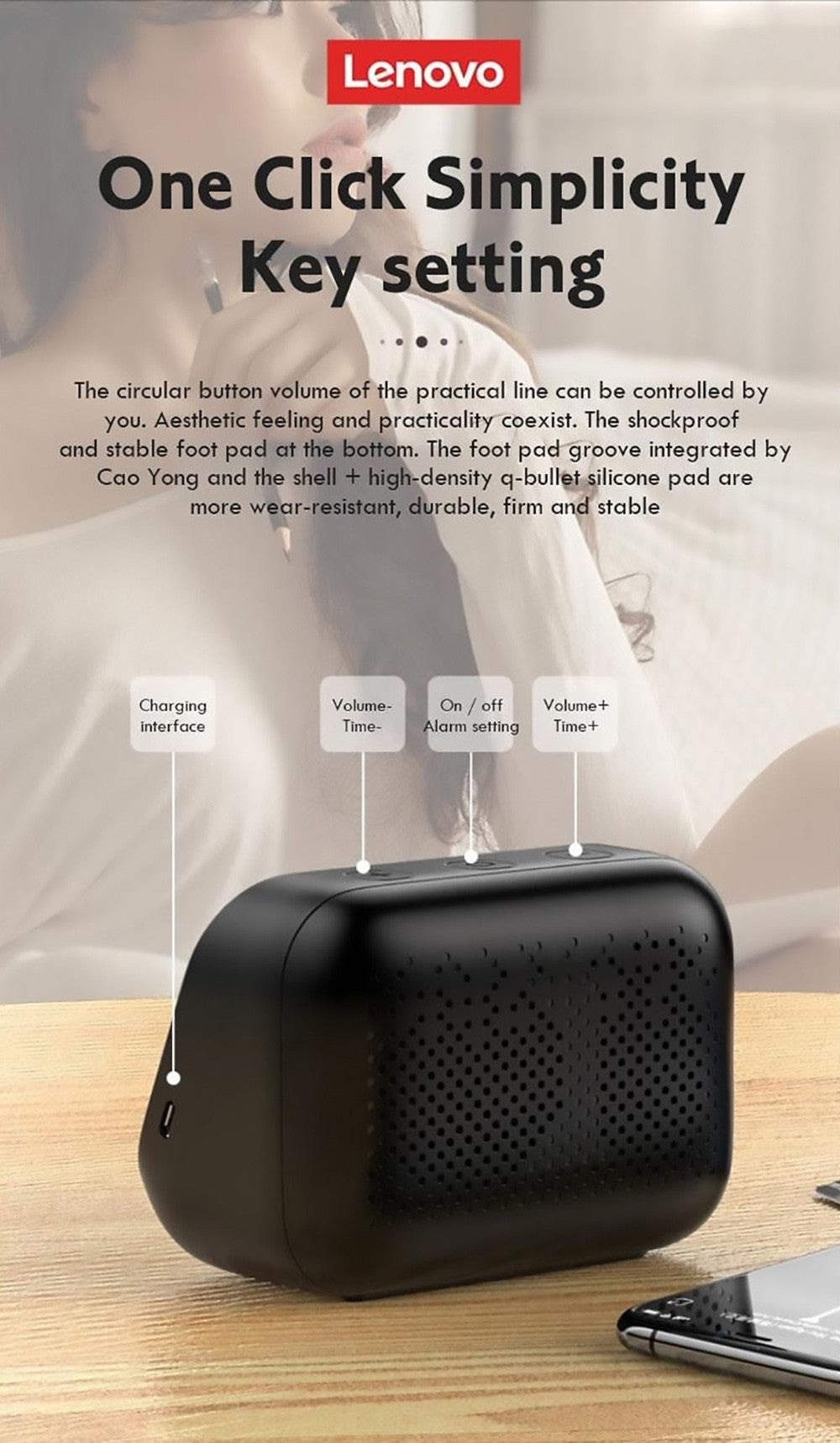 Lenovo TS13 Altavoz de Escritorio con Alarma, Reloj Despertador, Altavoz Estéreo Inalámbrico Bluetooth, Batería de 1500 mAh, Pantalla Digital con Espejo - Blanco