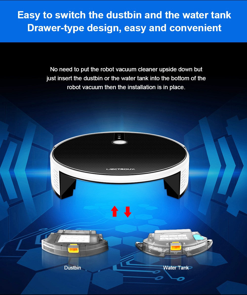Robot Aspiradora LIECTROUX C30B, Succión 6000Pa con Navegación por Mapa con IA, Batería 2500mAh, Tanque de Agua Eléctrico con Partición Inteligente, Control por APP - Negro