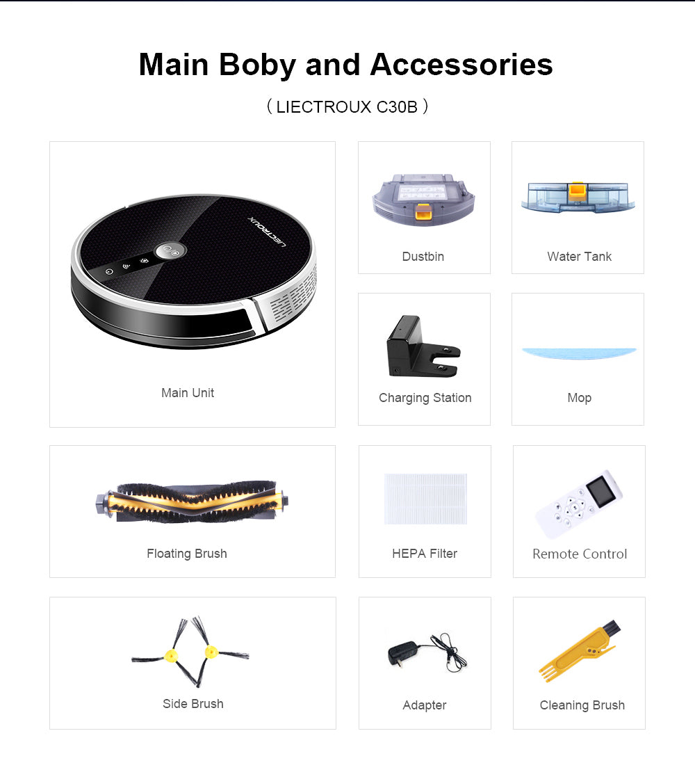 Robot Aspiradora LIECTROUX C30B, Succión 6000Pa con Navegación por Mapa con IA, Batería 2500mAh, Tanque de Agua Eléctrico con Partición Inteligente, Control por APP - Negro
