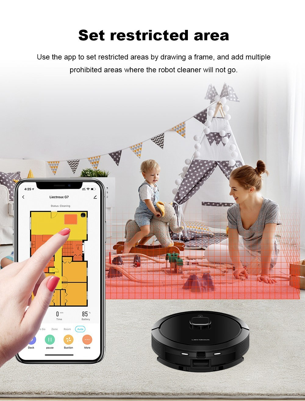 Robot Aspirador Liectroux G7, Succión 6500Pa, Navegación Láser, Batería 5200mAh, Autonomía 180 minutos - Negro, Enchufe UE