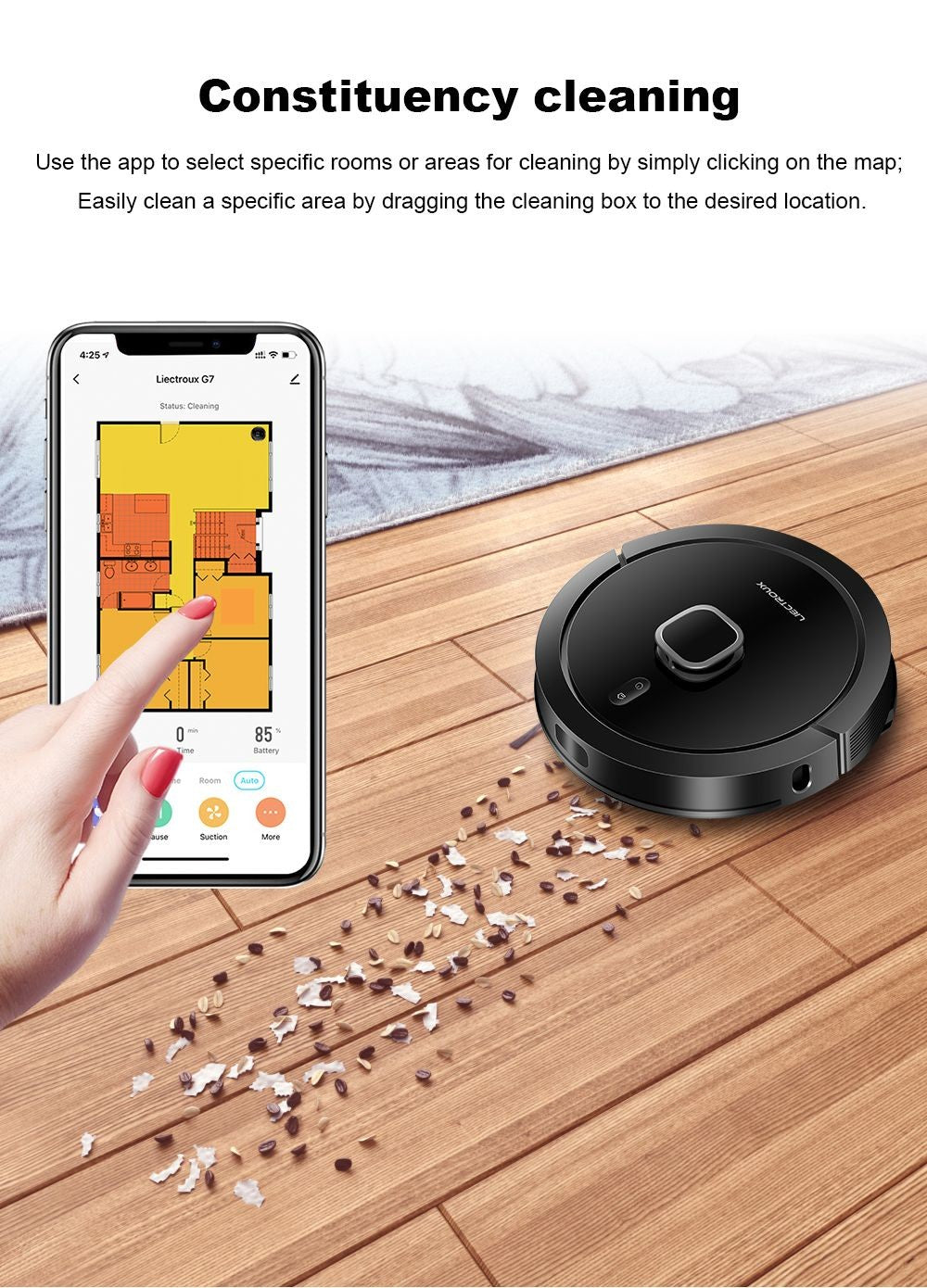 Robot Aspirador Liectroux G7, Succión 6500Pa, Navegación Láser, Batería 5200mAh, Autonomía 180 minutos - Negro, Enchufe UE