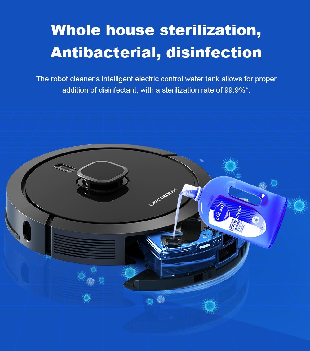 Robot Aspirador Liectroux G7, Succión 6500Pa, Navegación Láser, Batería 5200mAh, Autonomía 180 minutos - Negro, Enchufe UE
