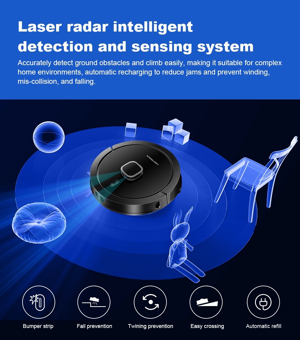 Robot Aspirador Liectroux G7, Succión 6500Pa, Navegación Láser, Batería 5200mAh, Autonomía 180 minutos - Negro, Enchufe UE