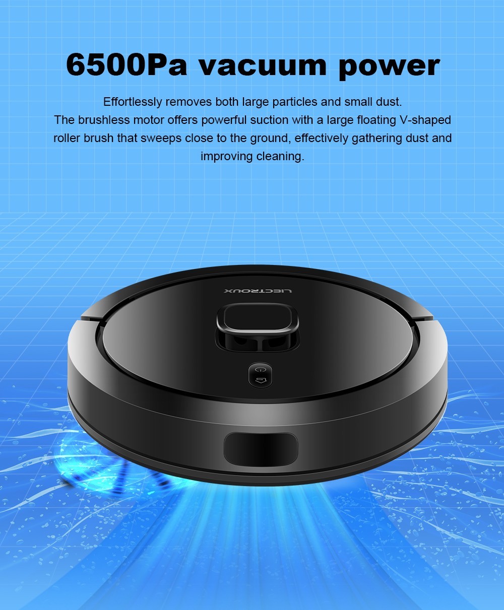 Robot Aspirador Liectroux G7, Succión 6500Pa, Navegación Láser, Batería 5200mAh, Autonomía 180 minutos - Negro, Enchufe UE