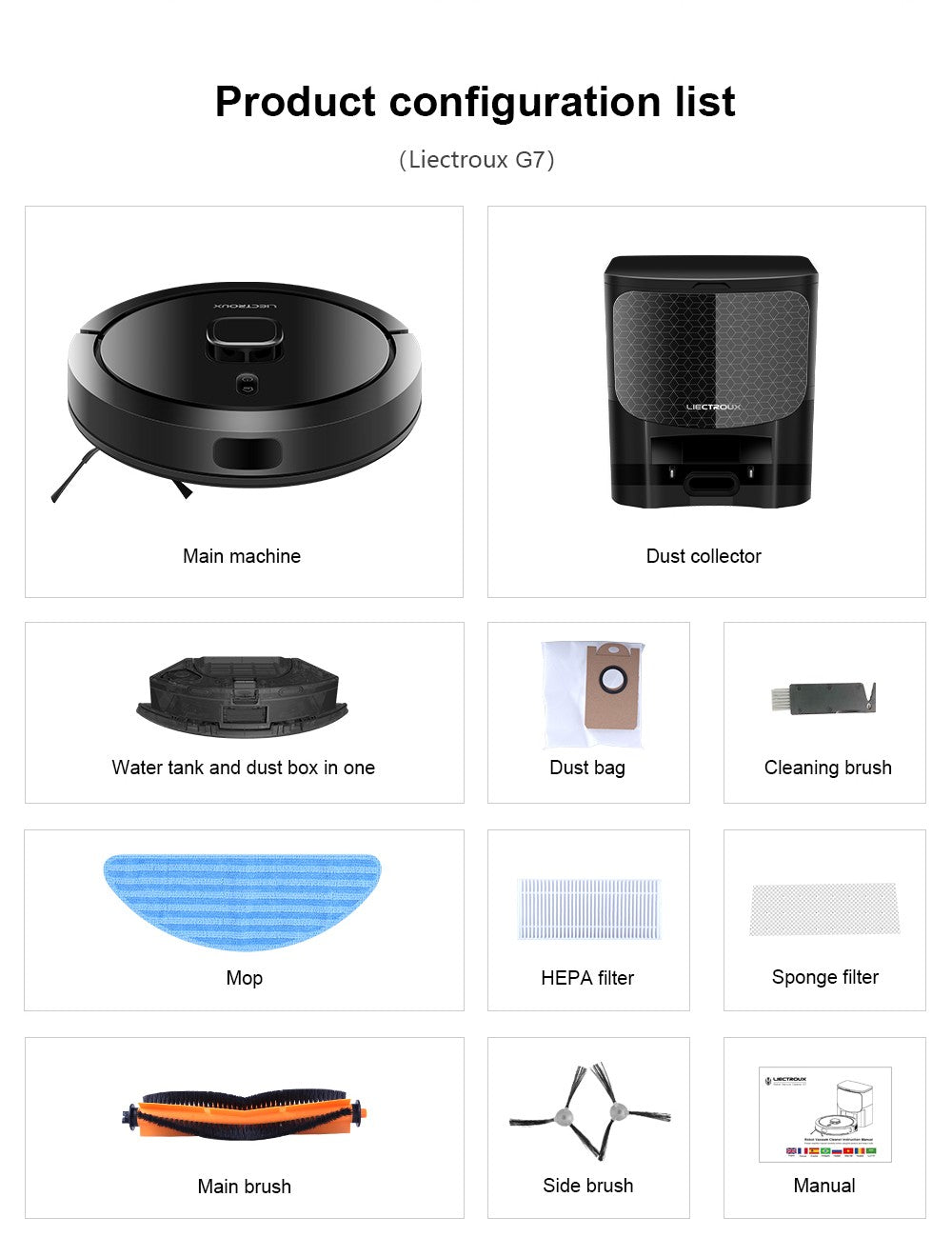 Robot Aspirador Liectroux G7, Succión 6500Pa, Navegación Láser, Batería 5200mAh, Autonomía 180 minutos - Negro, Enchufe UE