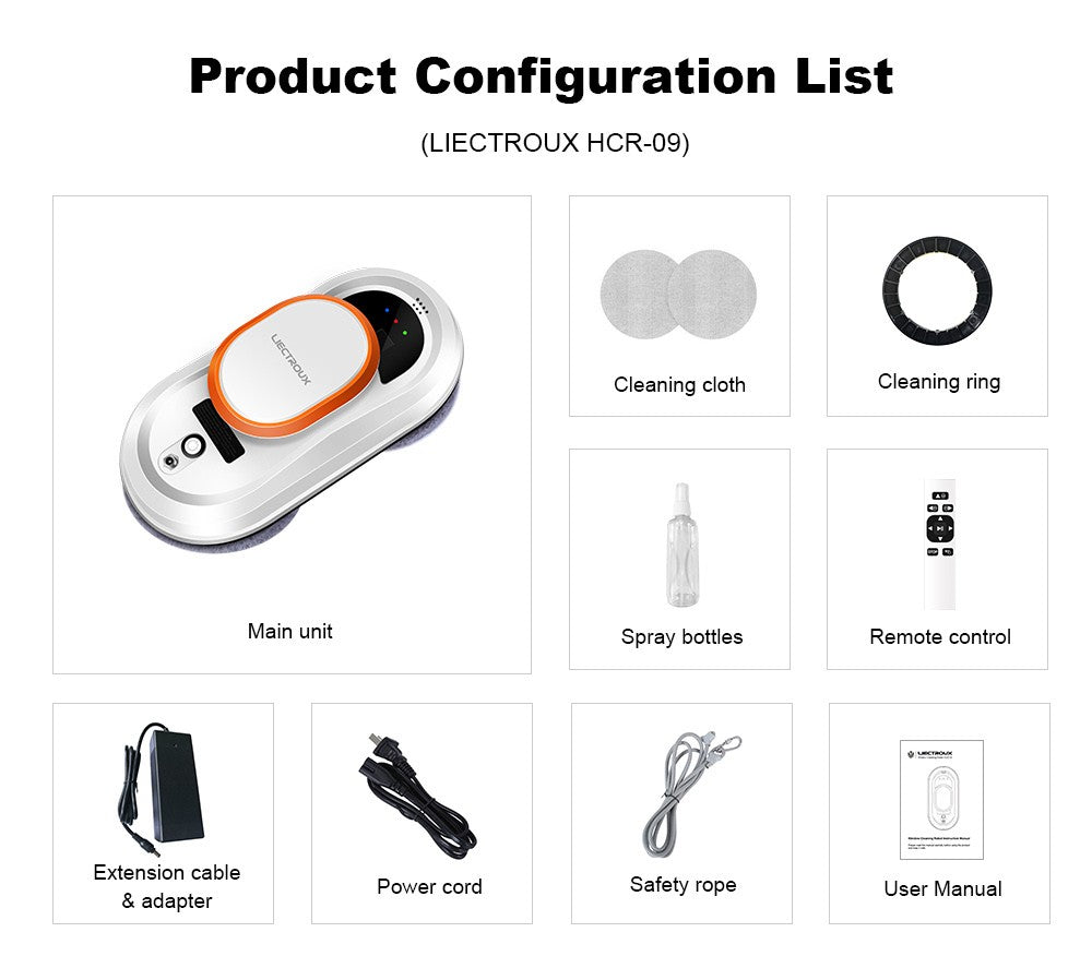 Robot Limpiacristales Liectroux HCR-09, Succión 2800Pa, 3 Modos de Limpieza Automáticos, Función SAI (Sistema de Alimentación Ininterrumpida), Detección de Bordes, Control Remoto