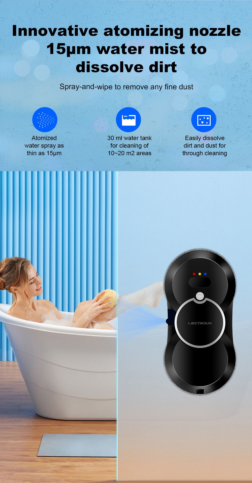 Liectroux HCR-10 Robot Limpiador de Ventanas, Tanque de Agua de 30ml, Rociado de Agua Ultrasónico, Succión de 2800Pa, Cuerpo Ultradelgado de 6.8cm