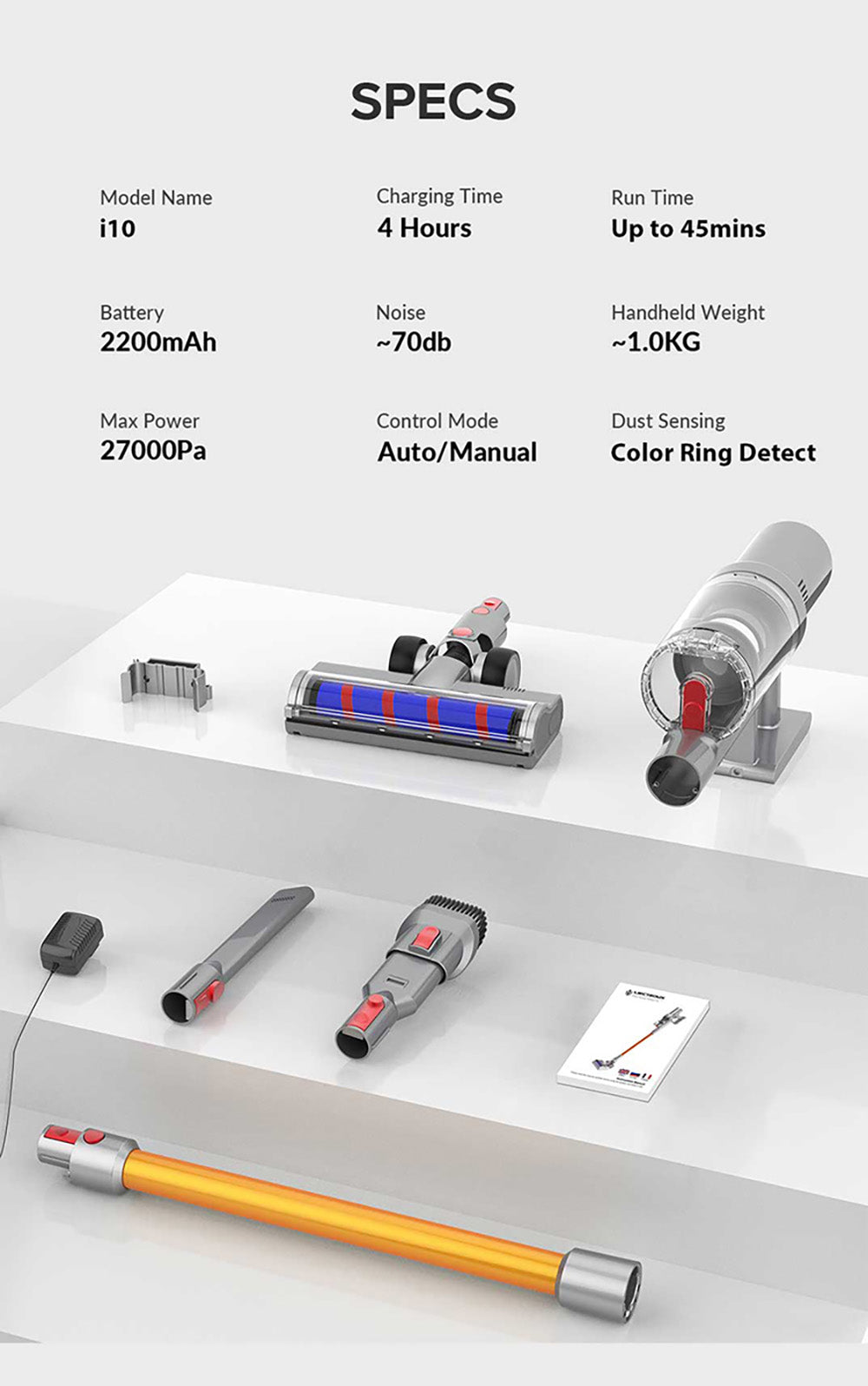 Aspiradora escoba sin cable Liectroux i10, detección inteligente de polvo, motor BLDC de 250 W, succión de 27 kPa, pantalla táctil a color, luz frontal LED, 45 minutos de autonomía, para alfombras, suelos, coches y pelo de mascotas.