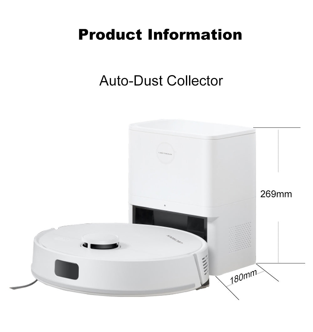 Robot aspirador Liectroux M70 Pro Lidar con vaciado automático del depósito de polvo, almacenamiento de mapas de varias plantas, fuerte succión de 6500 Pa, batería de 3200 mAh, tiempo de funcionamiento máximo de 175 minutos, aplicación inteligente y control por voz, bolsa de polvo de 3 litros, blanco.