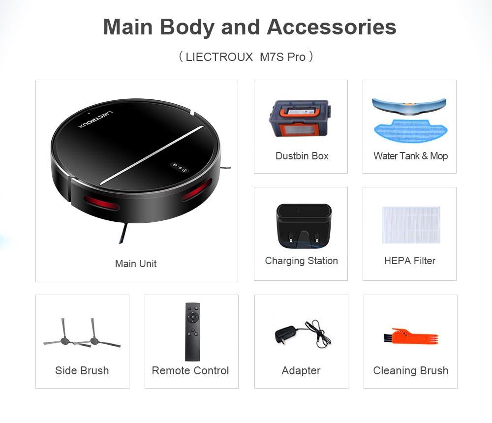 LIECTROUX M7S Pro Robot Aspiradora, Navegación con Mapa 2D, Batería de 4400mAh, Autonomía de 110 minutos, Mopa Seca y Húmeda - Negro