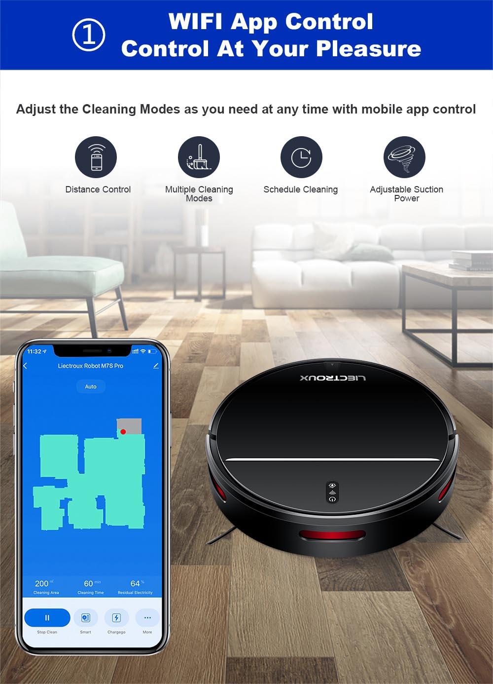 LIECTROUX M7S Pro Robot Aspiradora, Navegación con Mapa 2D, Batería de 4400mAh, Autonomía de 110 minutos, Mopa Seca y Húmeda - Negro