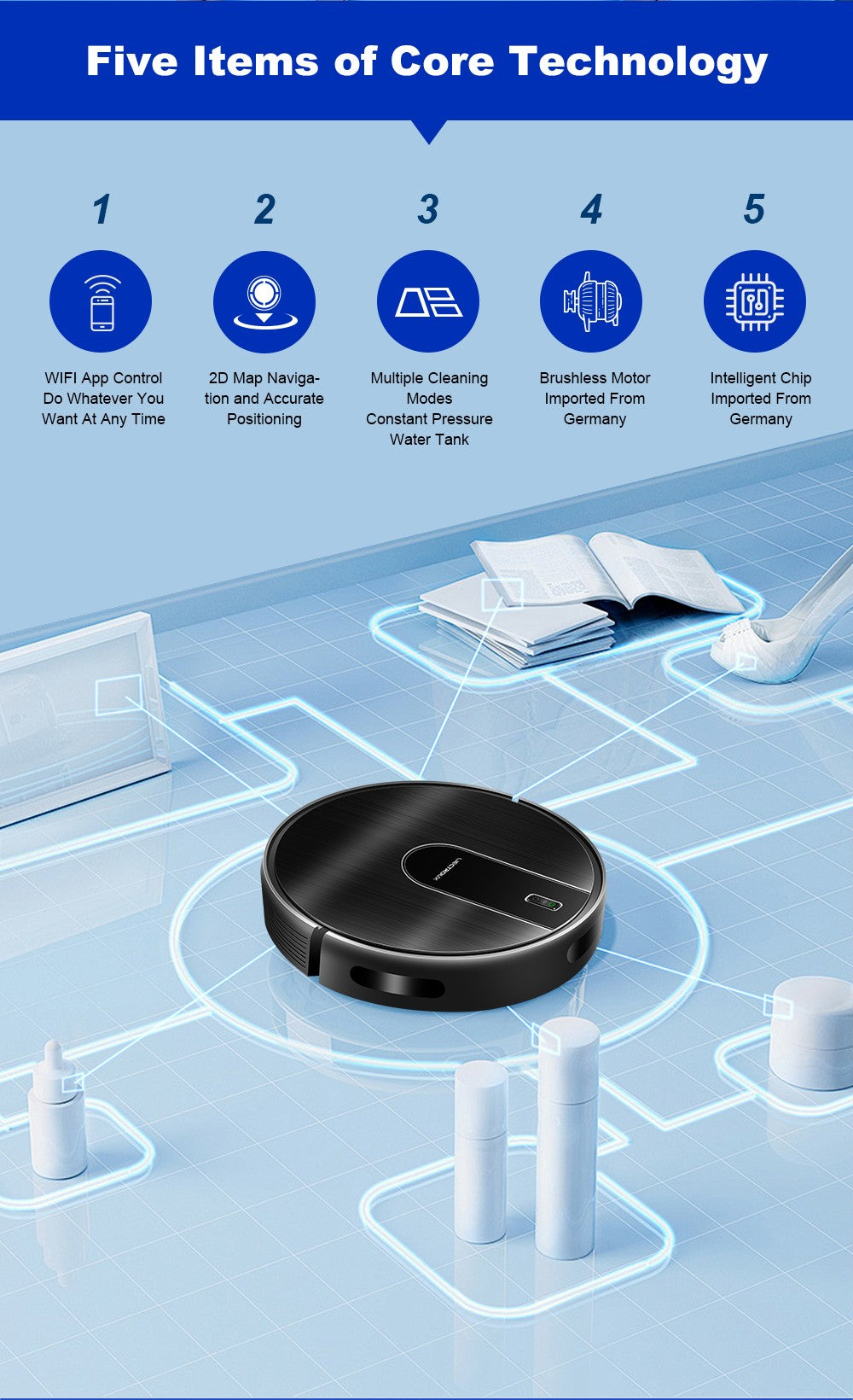 Robot aspirador y mopa húmeda combinados Liectroux N7S-U, mapeo inteligente, aplicación WiFi, succión de 6000 Pa, 120 minutos de autonomía, depósito de polvo de 400 ml y depósito de agua de 250 ml, aplicación WiFi, compatible con Alexa y Google Assistant, para pelo de mascotas, alfombras y suelos duros.