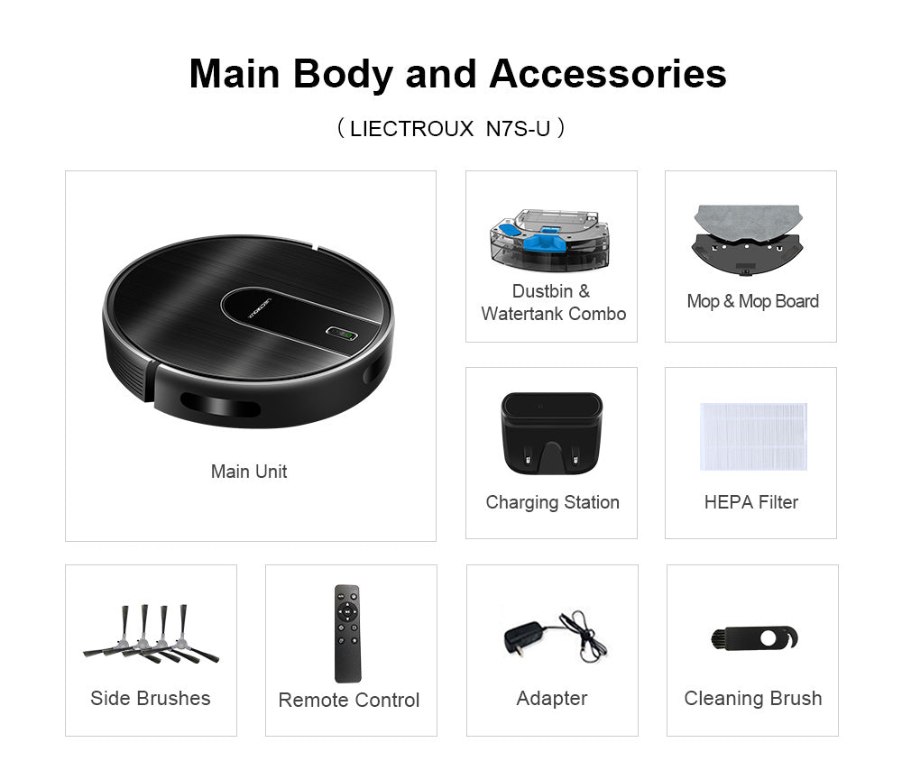 Robot aspirador y mopa húmeda combinados Liectroux N7S-U, mapeo inteligente, aplicación WiFi, succión de 6000 Pa, 120 minutos de autonomía, depósito de polvo de 400 ml y depósito de agua de 250 ml, aplicación WiFi, compatible con Alexa y Google Assistant, para pelo de mascotas, alfombras y suelos duros.
