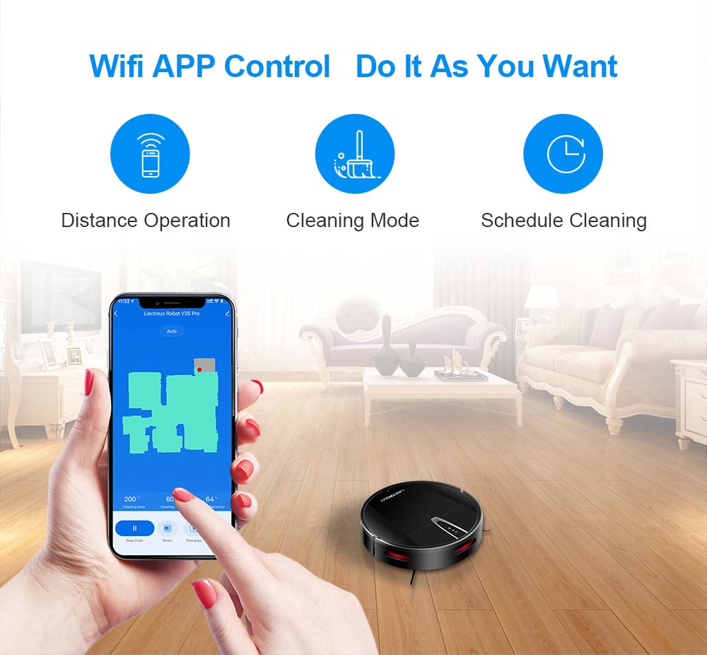 Robot Aspirador LIECTROUX V3S Pro, Succión 4000Pa, Mopa Seca y Húmeda, Navegación con Mapeo 2D, con Memoria, Control por Voz y App WiFi