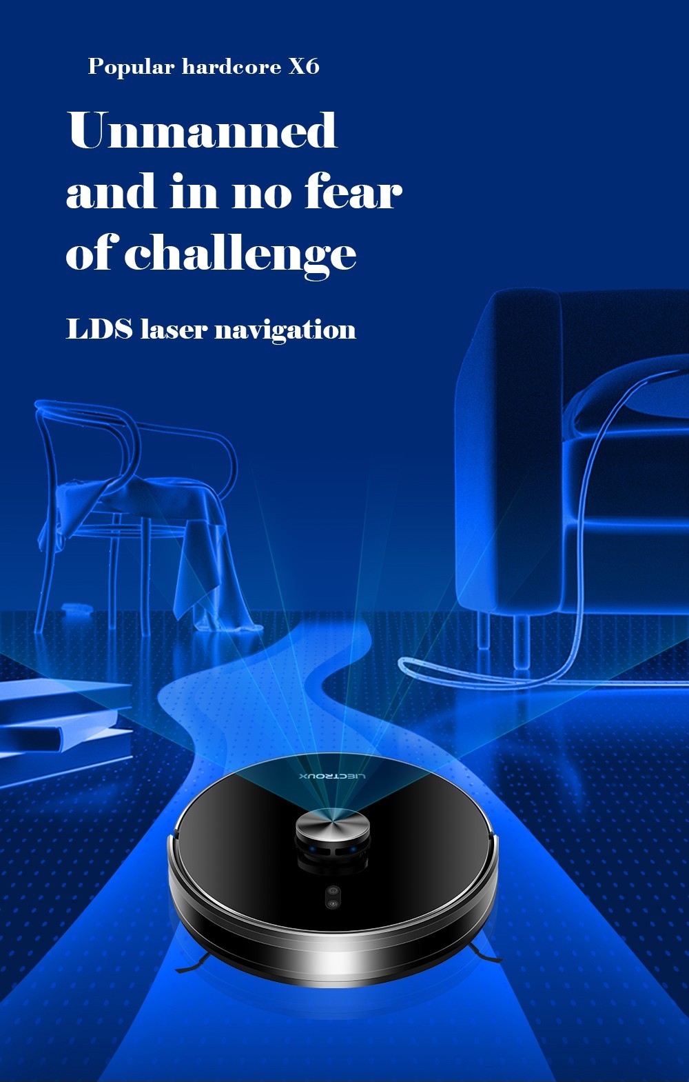 Robot Aspirador Liectroux X6, Succión 6500Pa, Navegación Láser LDS, Tanque de Agua 235ml, Depósito de Polvo 400ml, Guarda 5 Mapas, Batería 2600mAh, Control por App/Voz