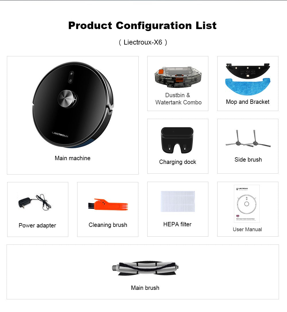 Robot Aspirador Liectroux X6, Succión 6500Pa, Navegación Láser LDS, Tanque de Agua 235ml, Depósito de Polvo 400ml, Guarda 5 Mapas, Batería 2600mAh, Control por App/Voz