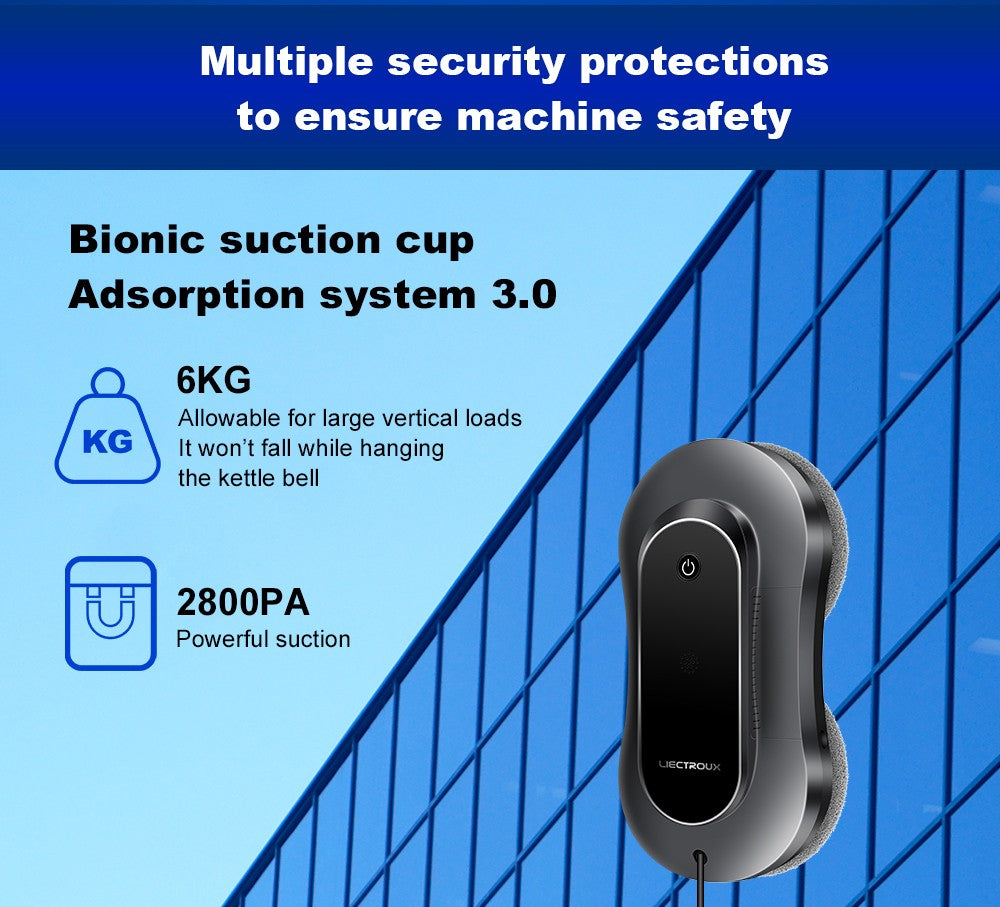 LIECTROUX YW810 Robot Limpiador de Ventanas, Rociado de Agua Bidireccional, Mopa Seca y Húmeda, Ruta con IA, Motor y Ventilador sin Escobillas, Control por APP y Remoto, Múltiples Sistemas de Protección de Seguridad, Negro