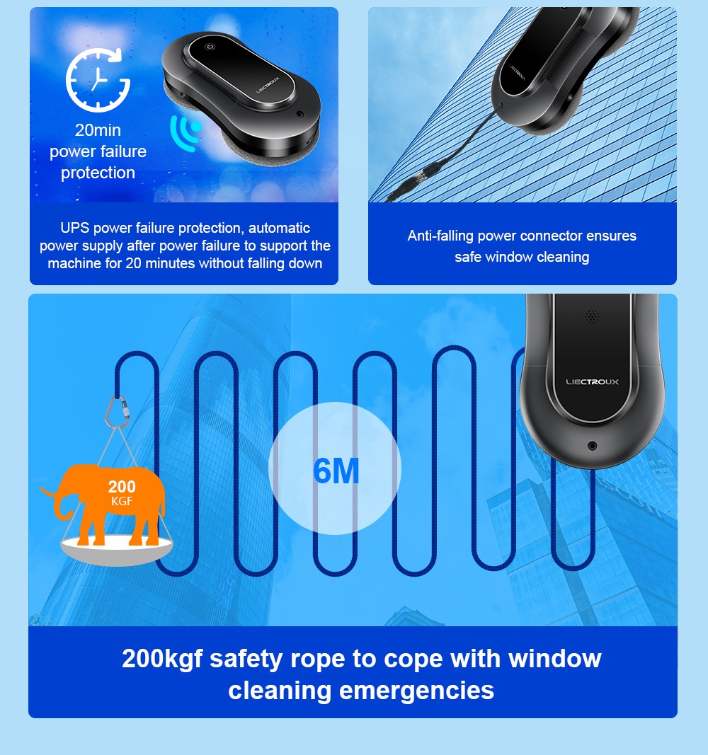 LIECTROUX YW810 Robot Limpiador de Ventanas, Rociado de Agua Bidireccional, Mopa Seca y Húmeda, Ruta con IA, Motor y Ventilador sin Escobillas, Control por APP y Remoto, Múltiples Sistemas de Protección de Seguridad, Negro