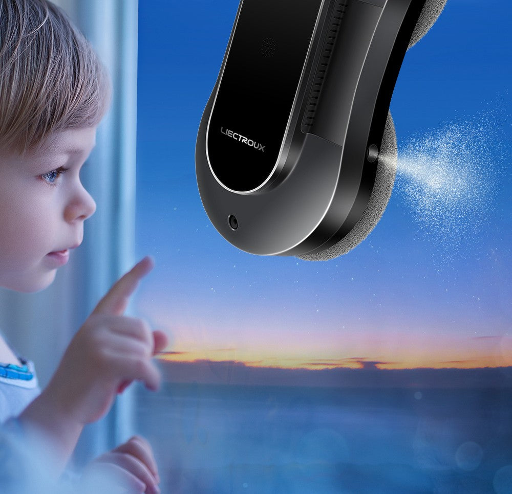 LIECTROUX YW810 Robot Limpiador de Ventanas, Rociado de Agua Bidireccional, Mopa Seca y Húmeda, Ruta con IA, Motor y Ventilador sin Escobillas, Control por APP y Remoto, Múltiples Sistemas de Protección de Seguridad, Negro