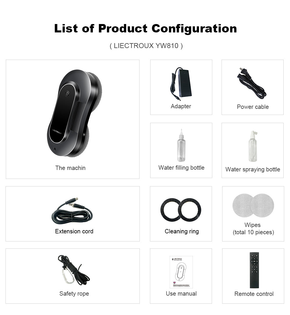 LIECTROUX YW810 Robot Limpiador de Ventanas, Rociado de Agua Bidireccional, Mopa Seca y Húmeda, Ruta con IA, Motor y Ventilador sin Escobillas, Control por APP y Remoto, Múltiples Sistemas de Protección de Seguridad, Negro