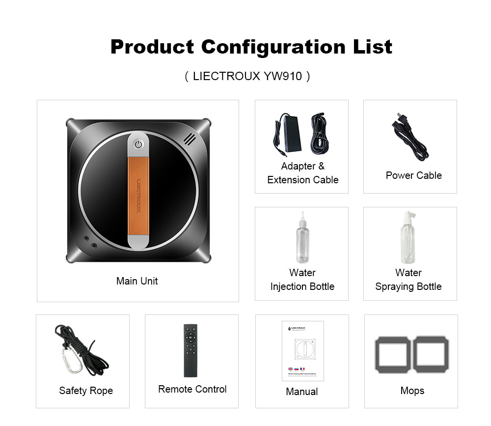 Robot Limpiacristales Liectroux YW910, Doble Rociado de Agua, Succión al Vacío de 3000Pa, Sensor Láser, Control por App y Remoto, Función de Memoria