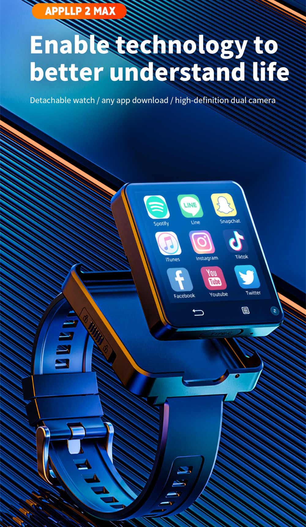 LOKMAT APPLLP 2 MAX Detachable Smartwatch, 2.64-inch Screen, Android 11, Support 4G/5G SIM, Bluetooth Connection, GPS Positioning, 1200mAh Battery