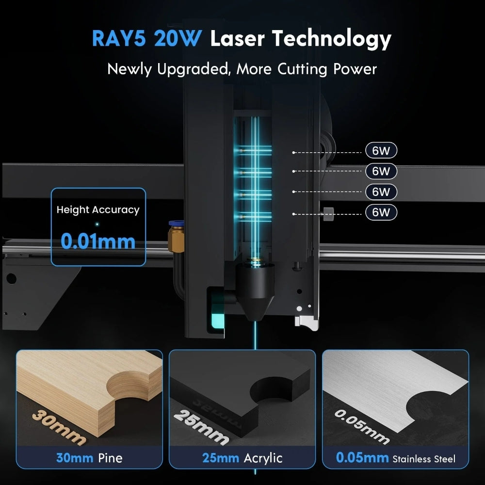 LONGER RAY5 20W Laser Engraver Cutter, Fixed Focus, 0.08*0.1mm Laser Spot, Color Touchscreen, 32-Bit Chipset, Support APP Connection, Working Area 375*375mm