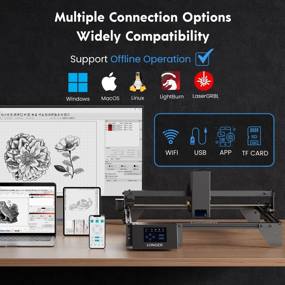 LONGER RAY5 20W Laser Engraver Cutter, Fixed Focus, 0.08*0.1mm Laser Spot, Color Touchscreen, 32-Bit Chipset, Support APP Connection, Working Area 375*375mm