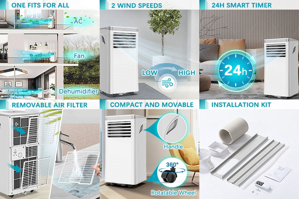 LUKO A011D1-7K Aire Acondicionado Portátil 3 en 1, Deshumidificador, Capacidad de Enfriamiento de 7000 BTU, 2 Velocidades de Viento, Temporizador de 24 Horas, Bajo Nivel de Ruido, Control Remoto