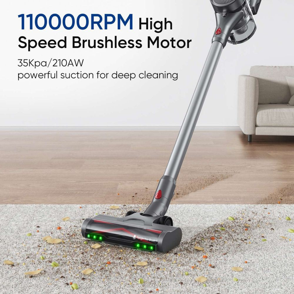 Aspiradora sin cable Maircle S3 Pro, con base de carga y almacenamiento 2 en 1, 70 minutos de autonomía, 35 kPa de potencia de succión, faro LED verde, motor sin escobillas de 210 AW, para suelos duros, alfombras y pelo de mascotas.
