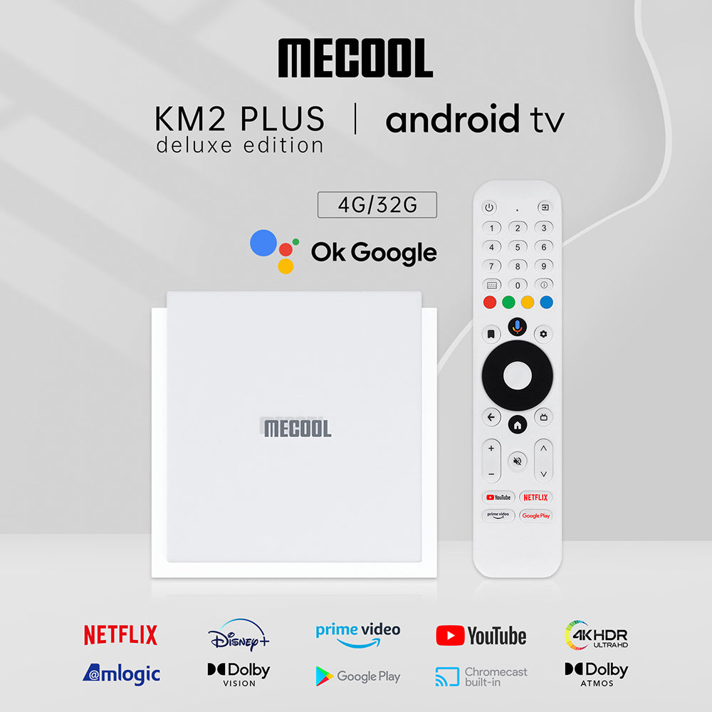 MECOOL KM2 PLUS Deluxe TV Box, Android 11, 4K HDR Output, Amlogic S905X4-J Quad Core, 4GB RAM 32GB ROM, WiFi 6 Bluetooth 5.0, Dolby Vision & Dolby Atmos, 2*USB 2.0 1*HDMI 1*AV 1*LAN 1*TF Card Slot 1*SPDIF Optical 1*Earphone Port - EU Plug
