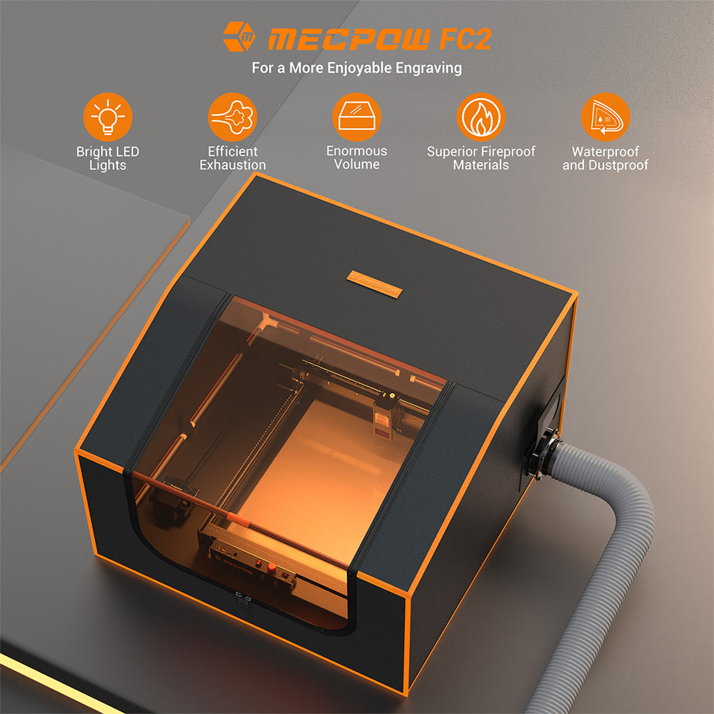 Cerramiento para grabador láser Mecpow FC2 950×930×460 mm, ignífugo, con ventana de visualización, ventilador y tubo de escape, compatible con Mecpow X5/X5 Pro y Sculpfun S30 Ultra Series.