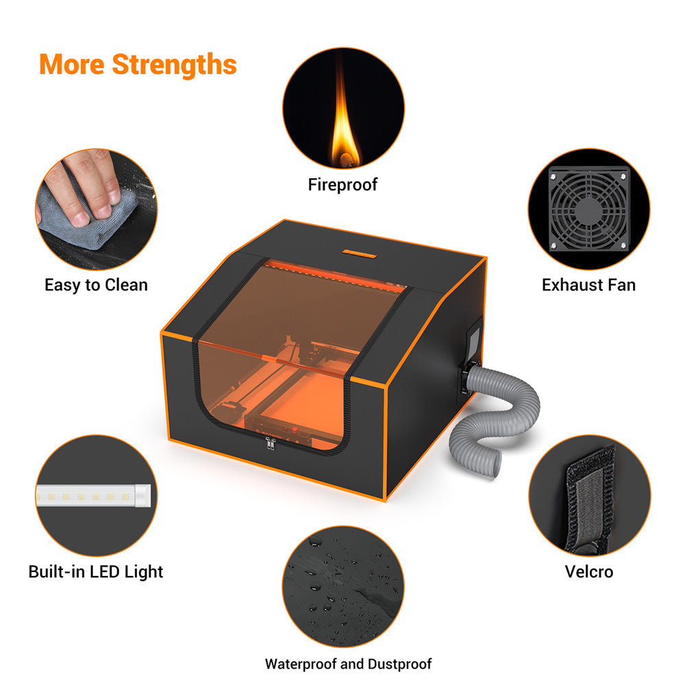 Cerramiento para grabador láser Mecpow FC2 950×930×460 mm, ignífugo, con ventana de visualización, ventilador y tubo de escape, compatible con Mecpow X5/X5 Pro y Sculpfun S30 Ultra Series.