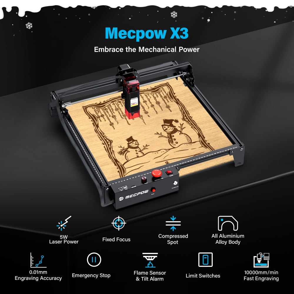 Grabador láser Mecpow X3, potencia láser de 5 W, enfoque fijo, precisión de 0,01 mm, velocidad de grabado de 10000 mm/min, bloqueo de seguridad, parada de emergencia, detección de llama, sensor giroscópico, 410x400 mm - Enchufe UE